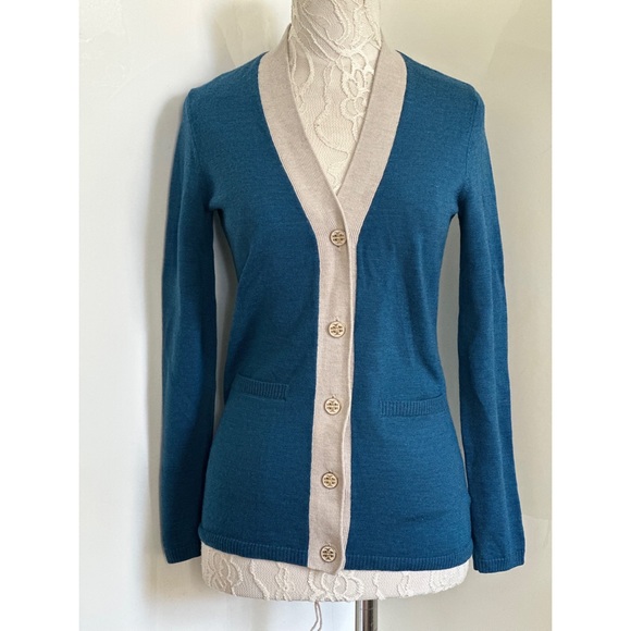 Tory Burch Ginevra Merino Wool Contrast Trim Cardigan sz S - Picture 1 of 11